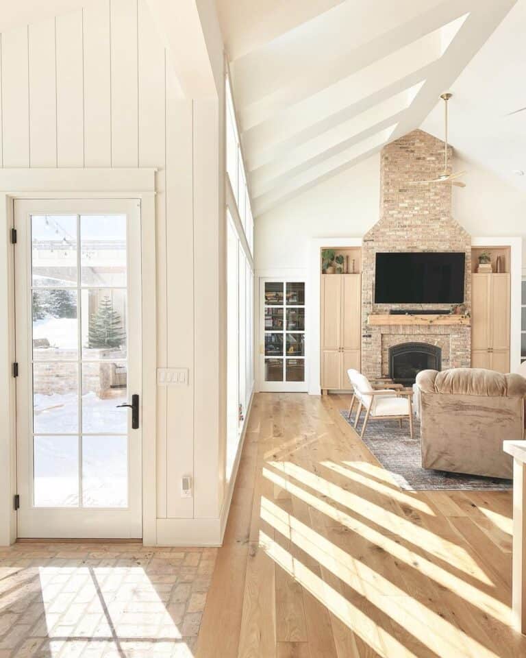 Off Center Fireplace with Vaulted Ceiling