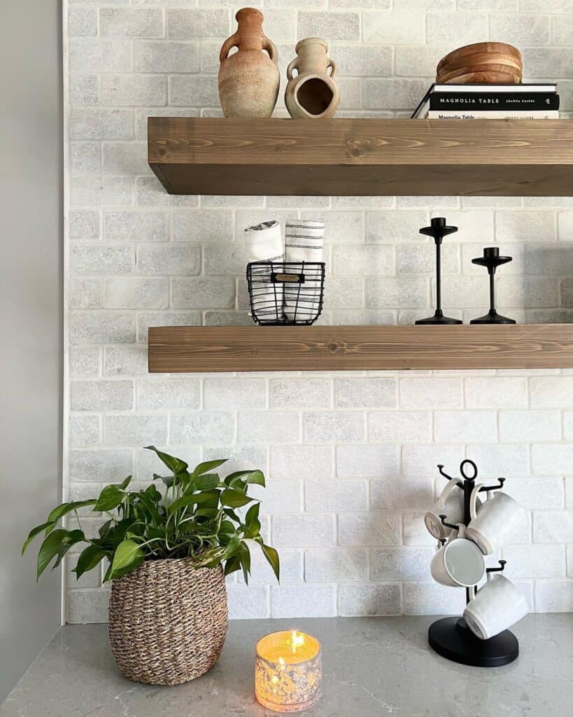 Off-Set Light Grey Tile Backsplash on Grey Wall