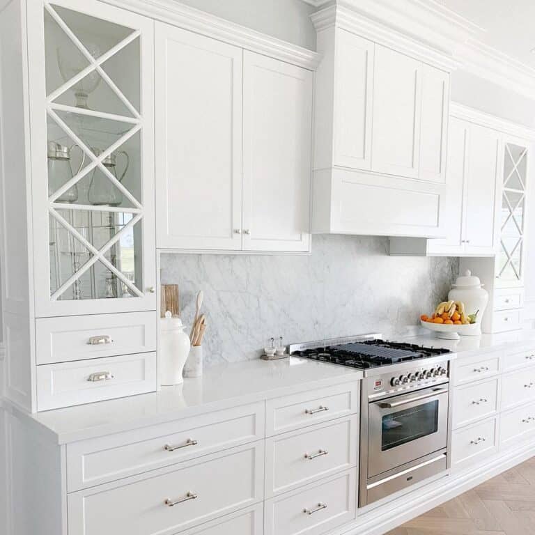 Ornate Crown Molding on White Shaker Cabinets