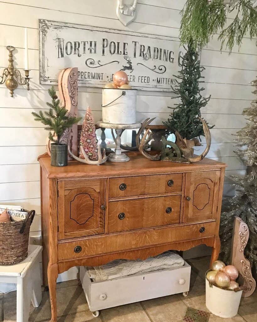 Ornate Warm Wood Sideboard Against White Shiplap Wall Soul & Lane