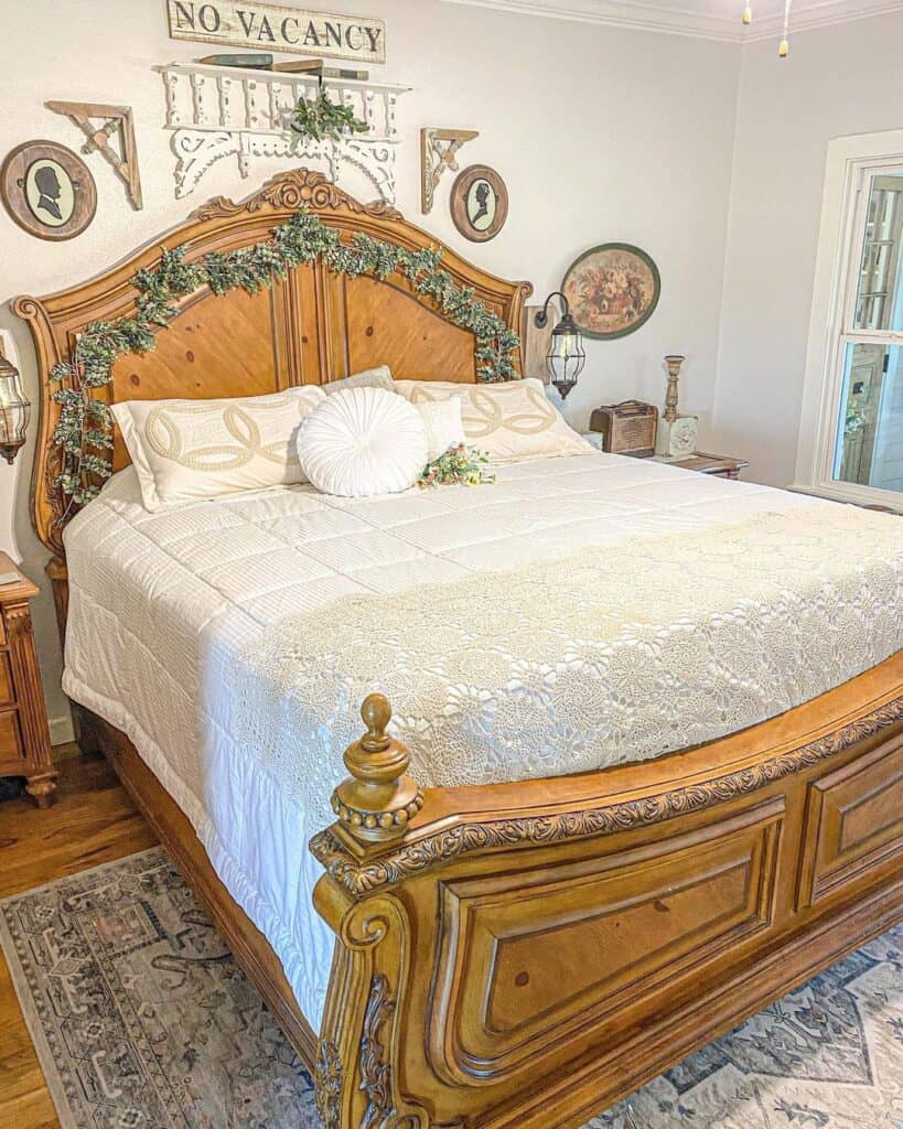 Ornately Carved Headboard with Warm Wood Floor
