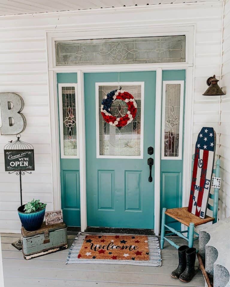 Pale Blue Front Door with Patriotic Décor
