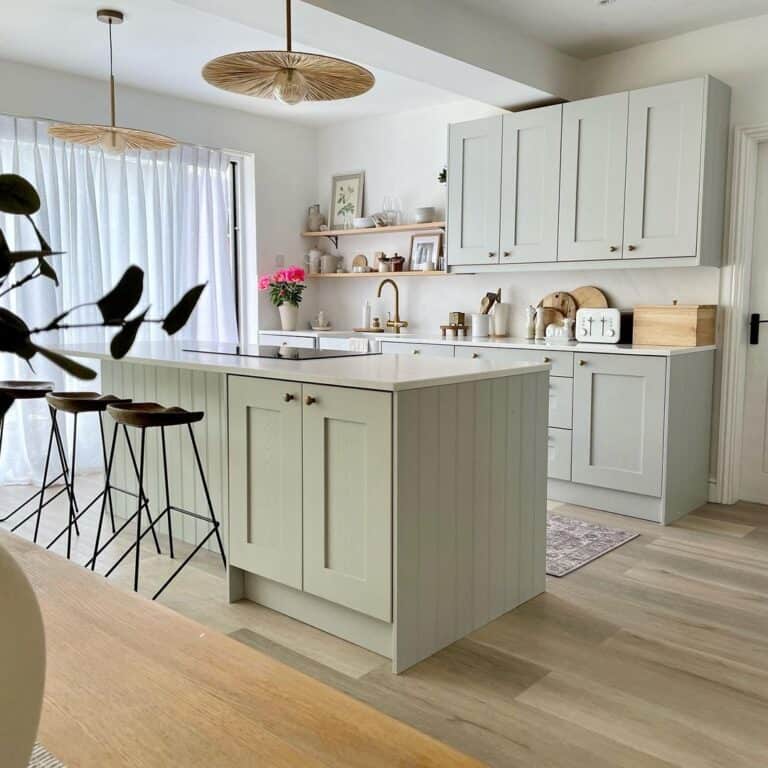 Pale Green Kitchen with Fanned Pendants