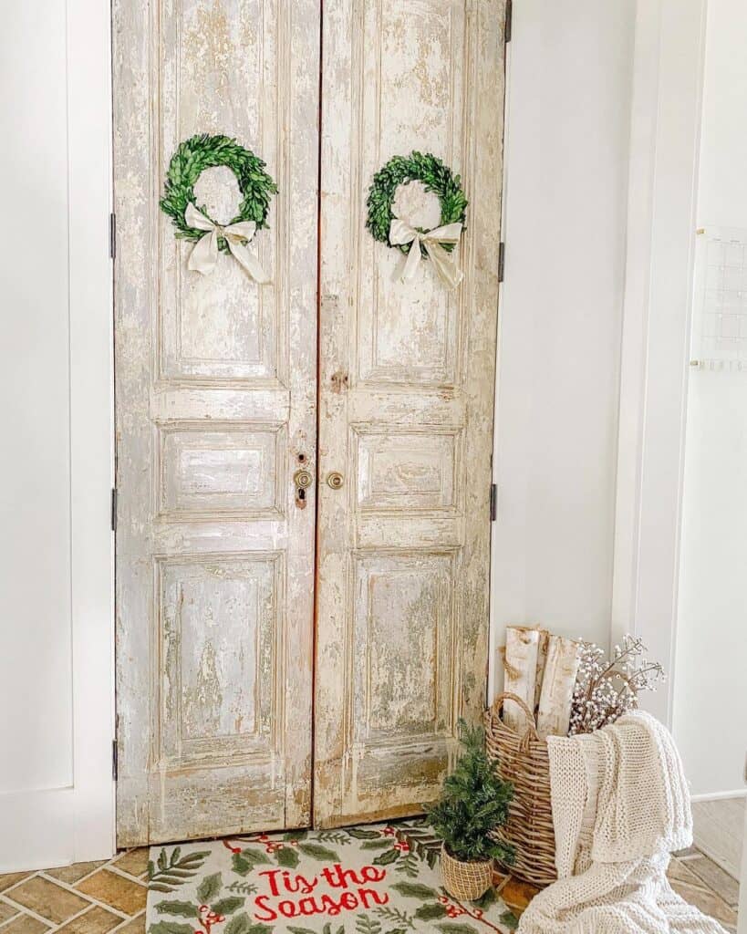 Pantry Doors with Small Christmas Wreaths