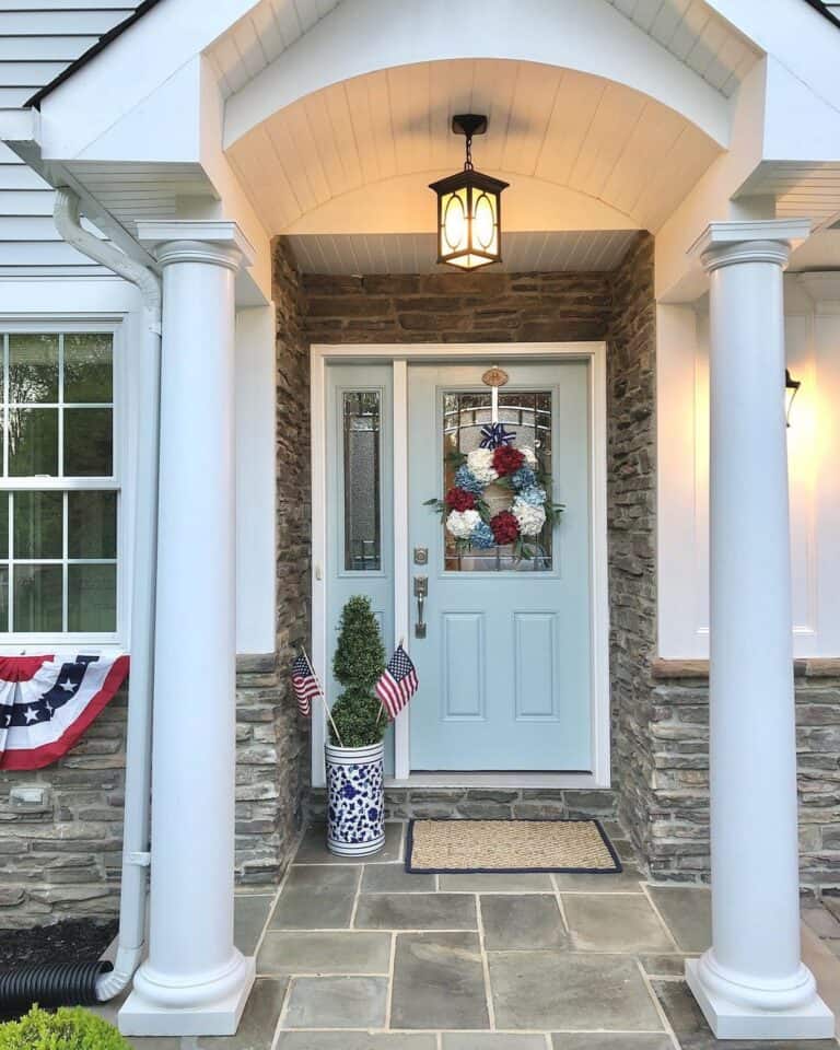 Patriotic Porch with Pale Blue Front Door