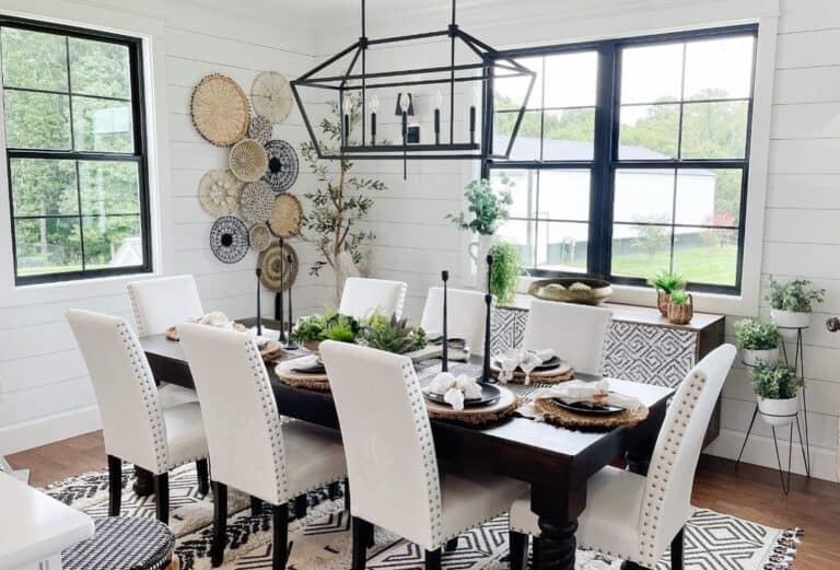 Patterned Rug in Studded Chair Dining Room