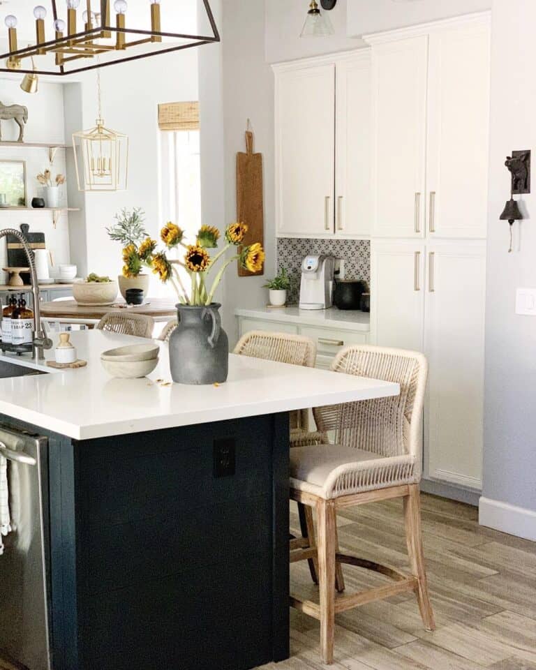 Patterned Tile Coffee Station with White Cabinets