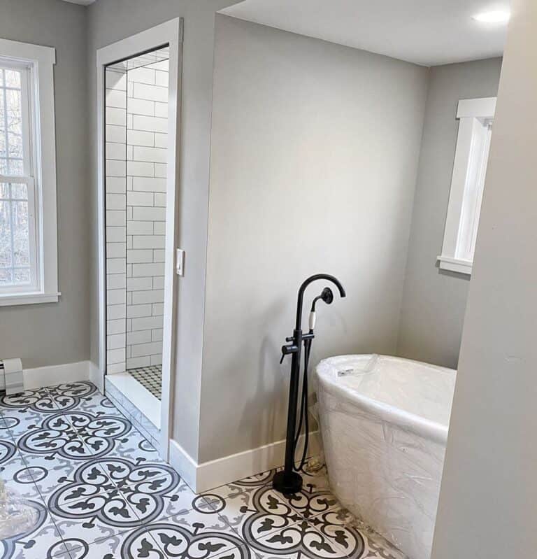 Patterned Tile Floor and Walk in Shower