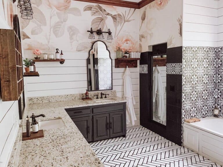 Patterned Tiles and Floral Wallpaper Bathroom