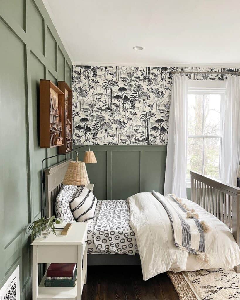 Patterned Wallpaper and Green Bedroom Walls