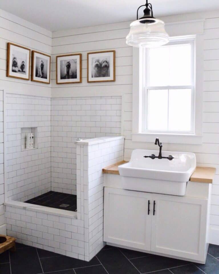 Pet Shower in Shiplap and Tile Mudroom