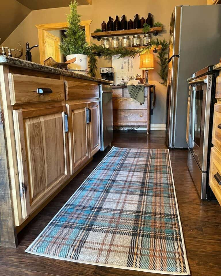 Plaid Kitchen Runner Mat on a Warm Wood Floor