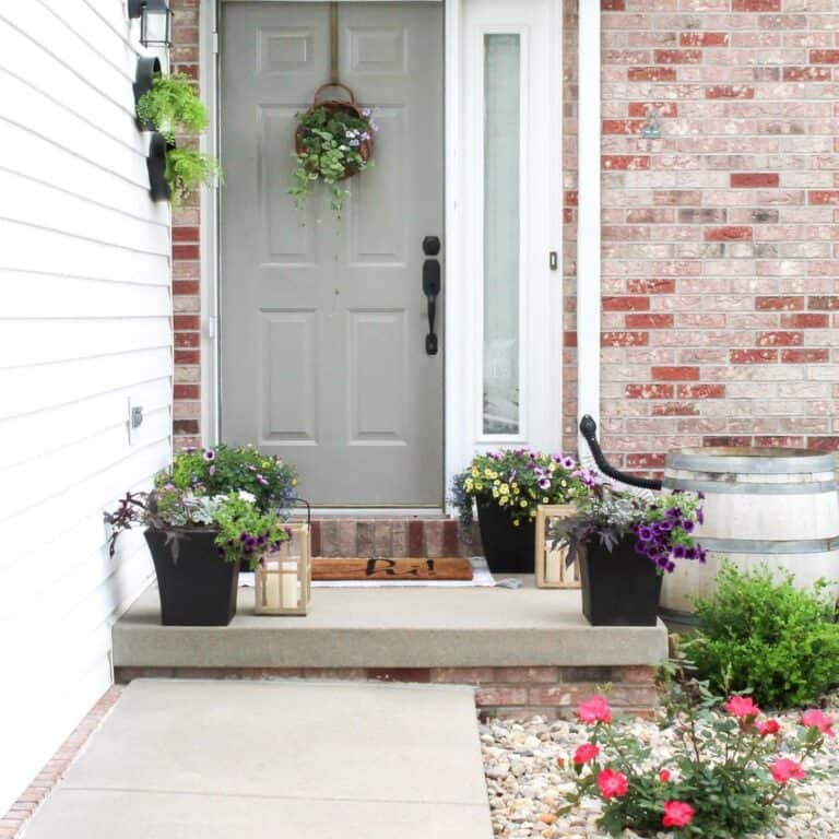 Plant on a Light Grey 6-Panel Front Door