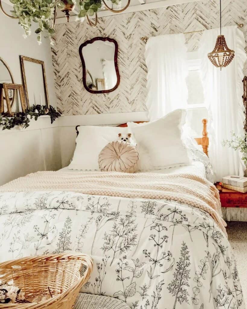 Plush Bedding Under Beaded Pendant Lighting