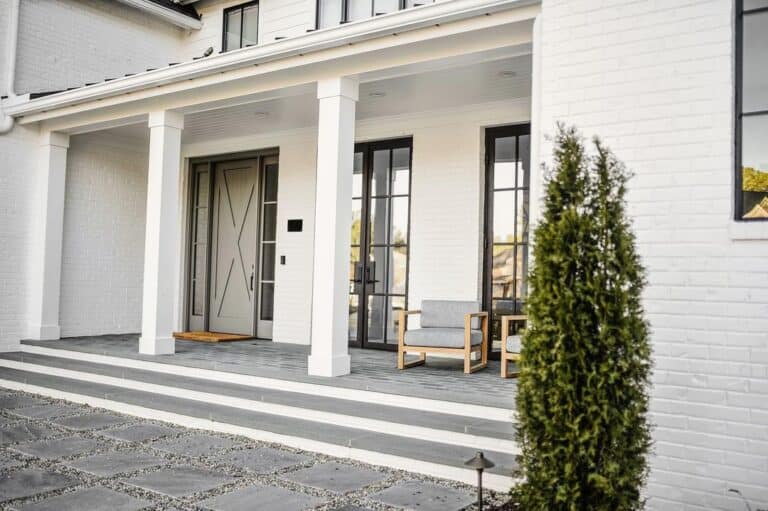 Porch with Black Exterior French Doors