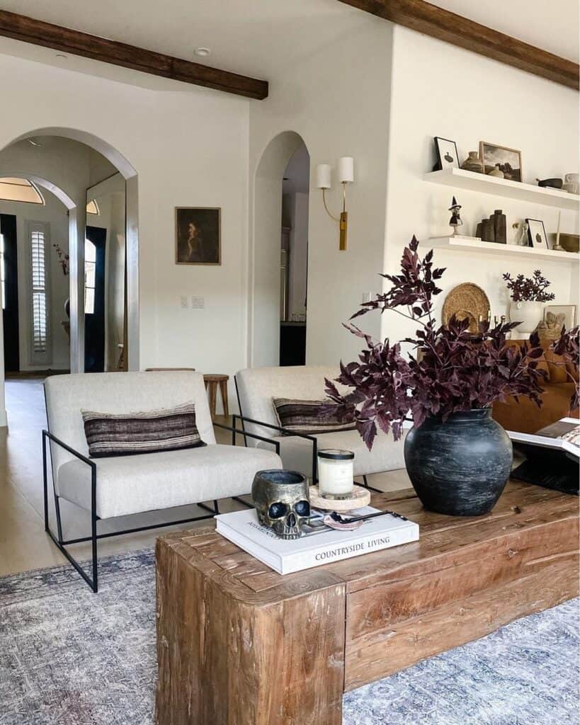 Purple Leaves in Black Pot on Rectangular Block Coffee Table