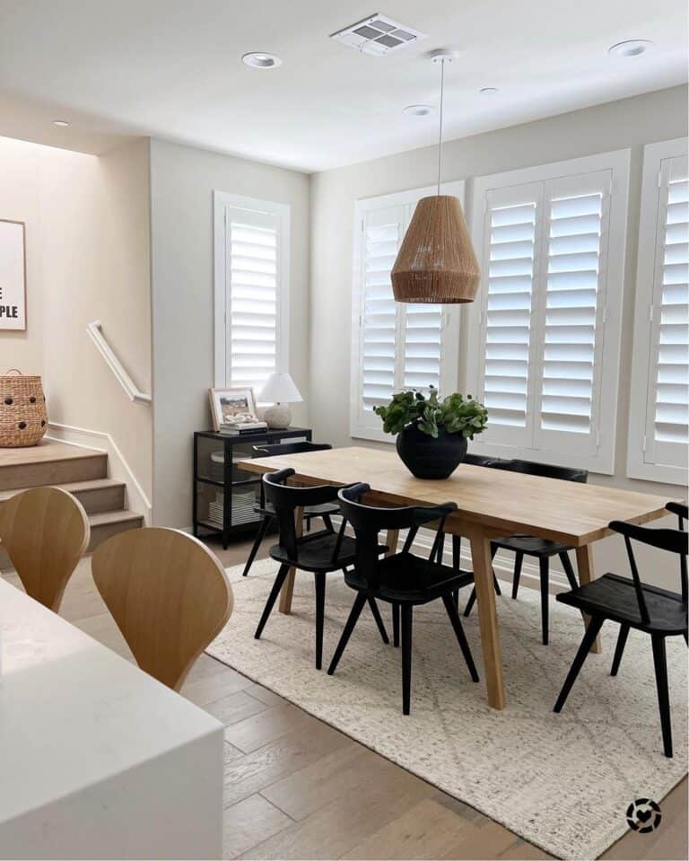 Rattan Light Fixture and White Shutters