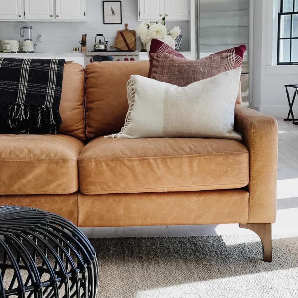 Red and Beige Throw Pillows for Brown Couch