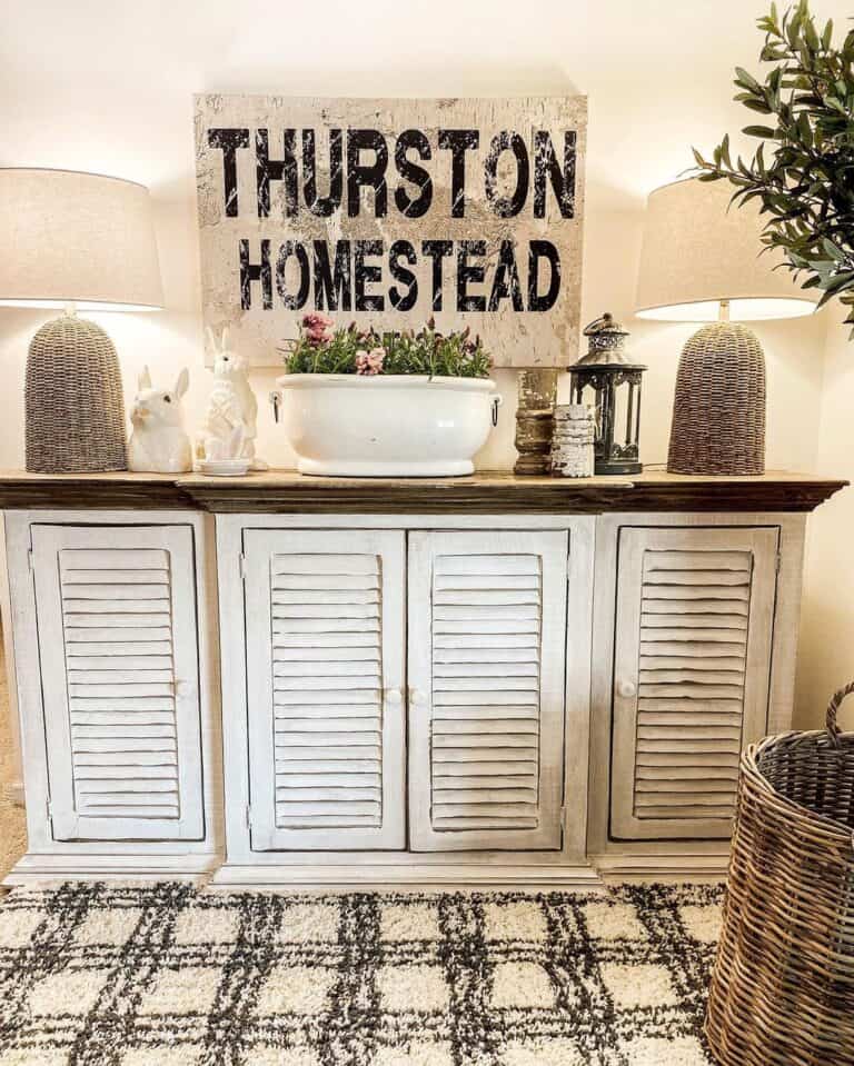 Rustic Farmhouse Console Table with Wicker Lamps