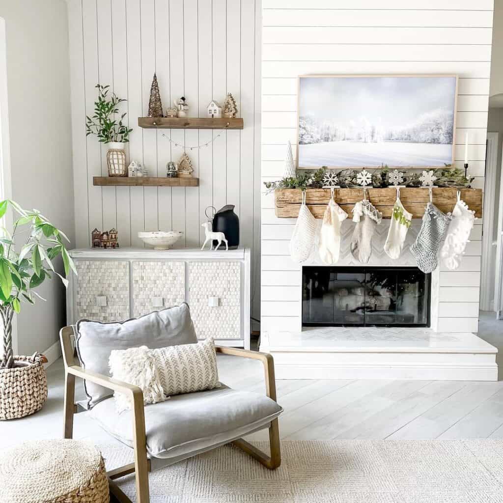 Rustic Floating Shelves Around Fireplace