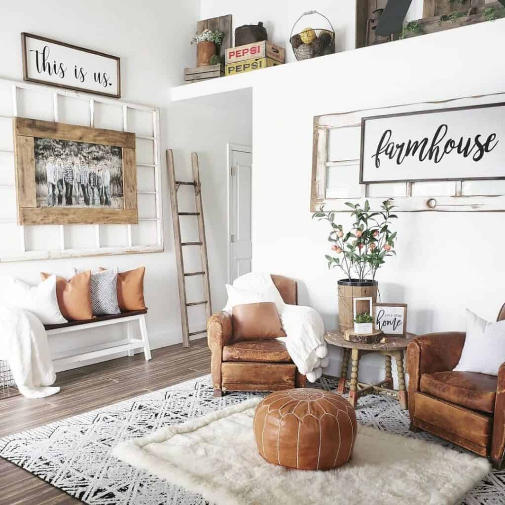 Rustic Living Room with Leather Seating and Pouf