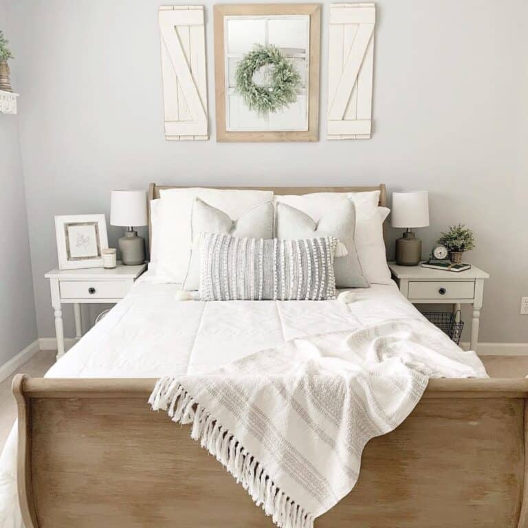 Rustic White Wall Decor on a Light Grey Bedroom Wall