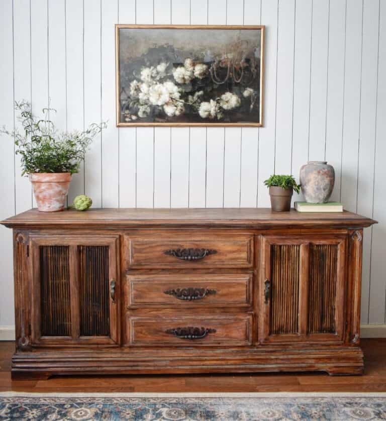 Rustic Wood Sideboard With Potted Plants