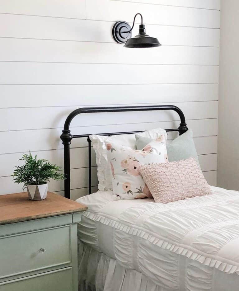 Sage Green Nightstand in Shiplap Bedroom