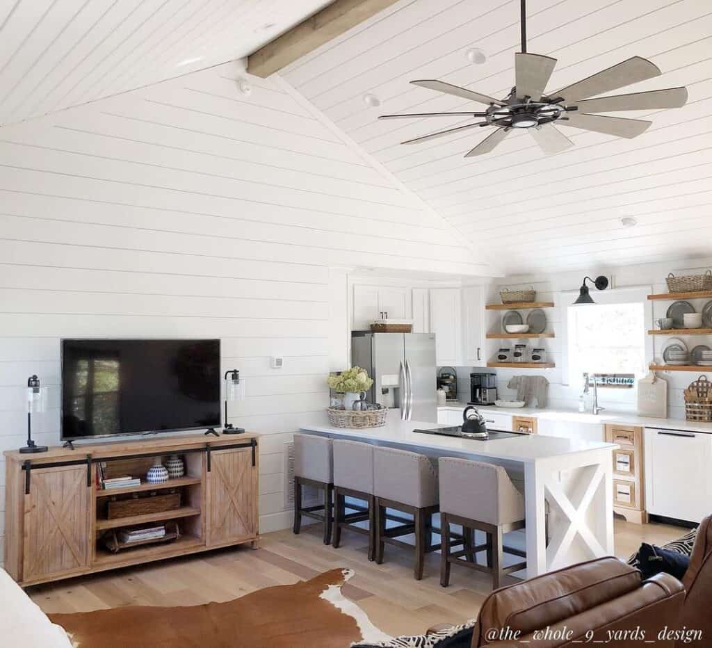 Shiplap Ceiling in Kitchen and Living Room