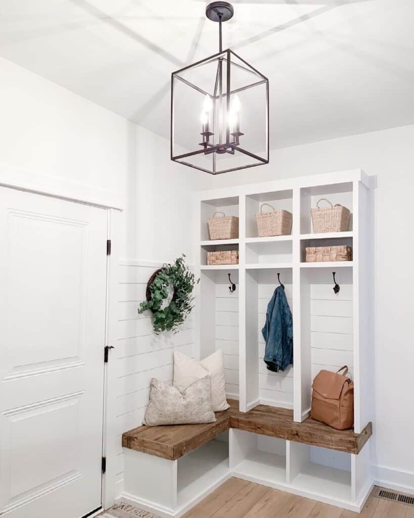 Shiplap Corner with Wood Bench and Storage