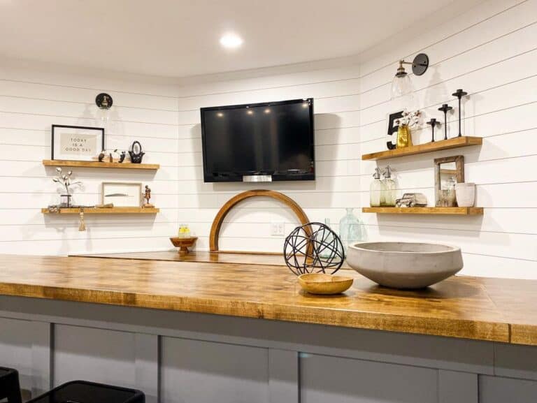 Shiplap Entertainment Center with Floating Wood Shelves
