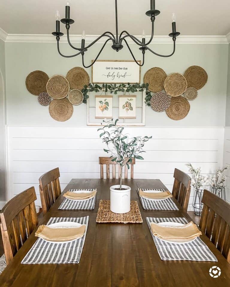 Shiplap Half Wall Dining Room with Chandelier