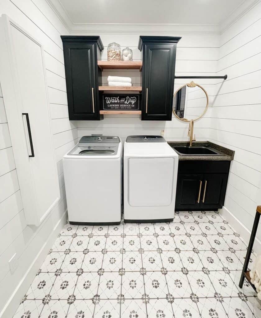 Shiplap Laundry Room with Gold Accents