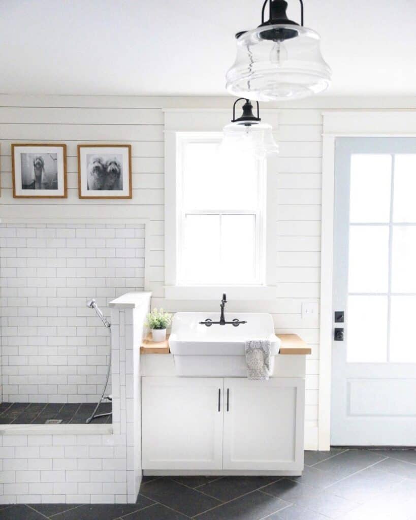 Shiplap Mudroom with Subway Tile Backsplash
