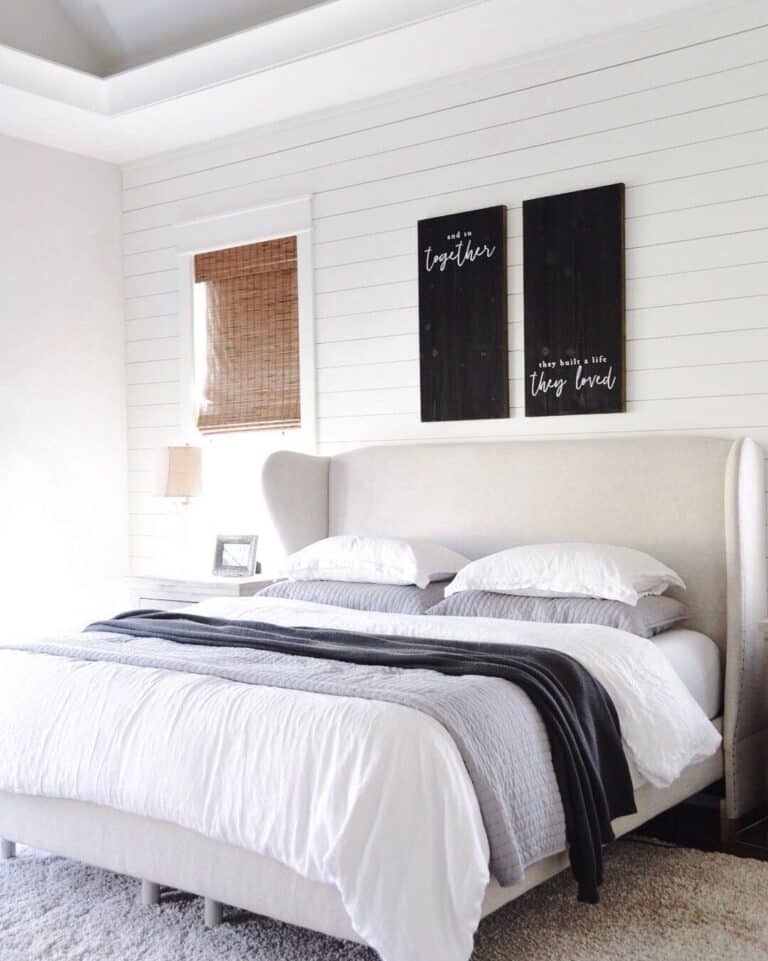 Shiplap Room with Gray and White Bedding