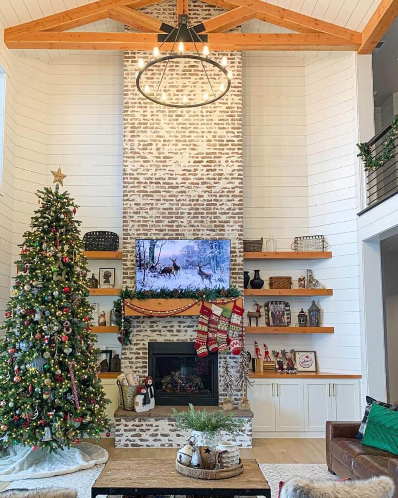 Shiplap Vaulted Ceiling with Brick Fireplace