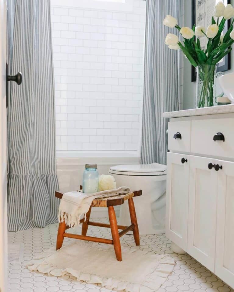 Skirted Shower Curtains and White Tile Flooring
