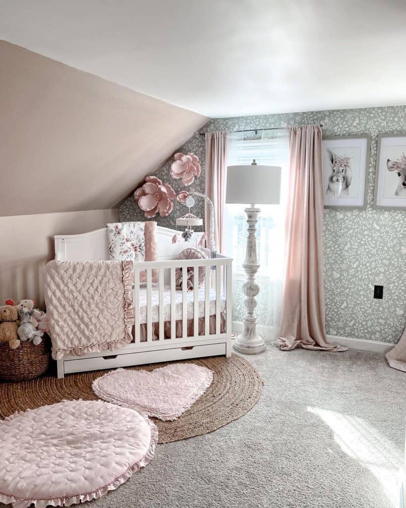 Sloped Ceiling Girl's Nursery with Green and Pink Color Scheme