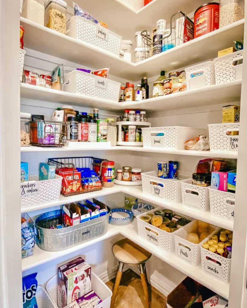Small Walk In Pantry with White Floating Shelves