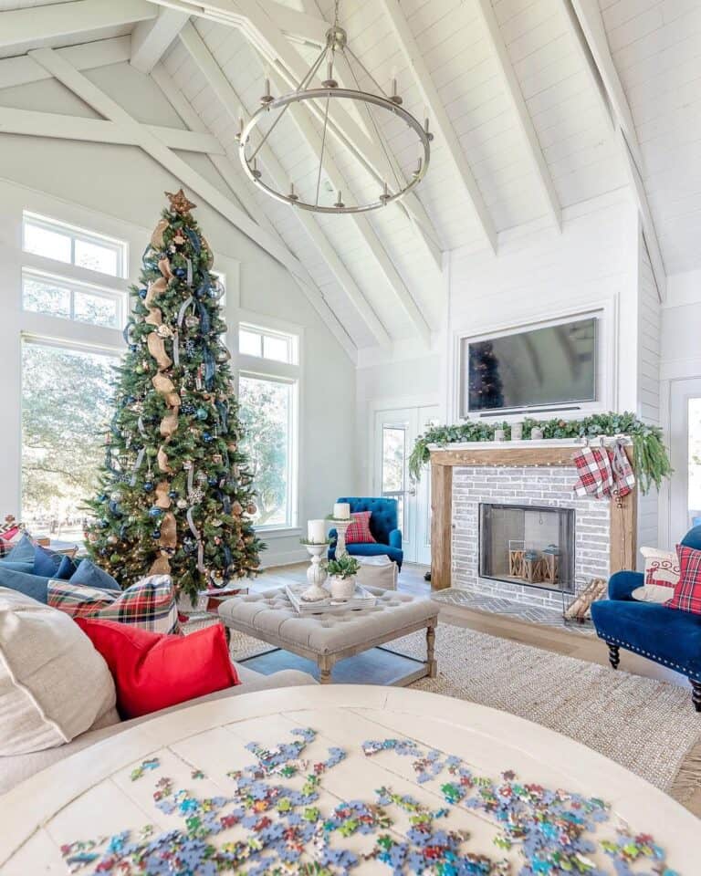 Soaring Shiplap Vaulted Ceiling with Brick Fireplace