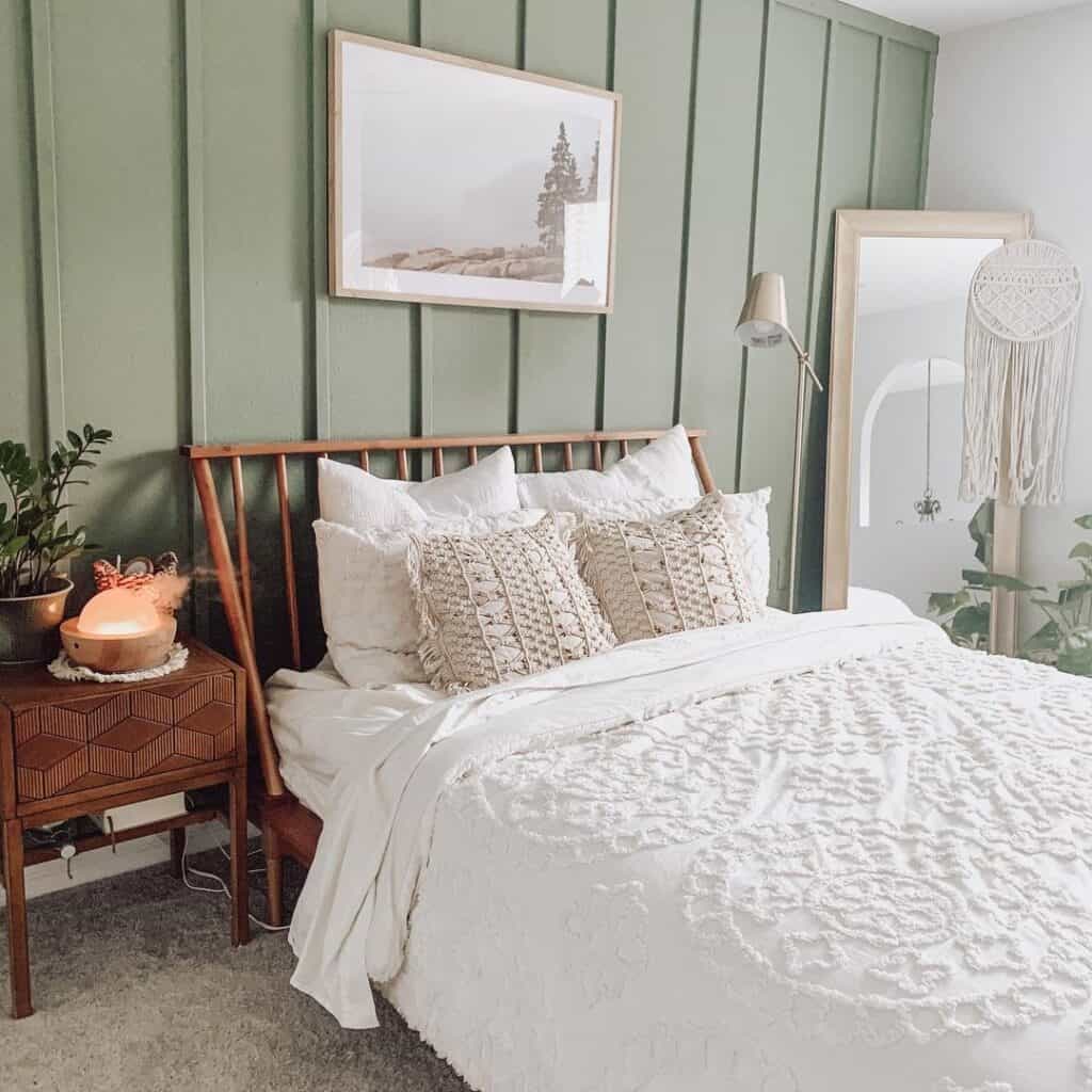 Spindle Bedframe and Green Accent Wall