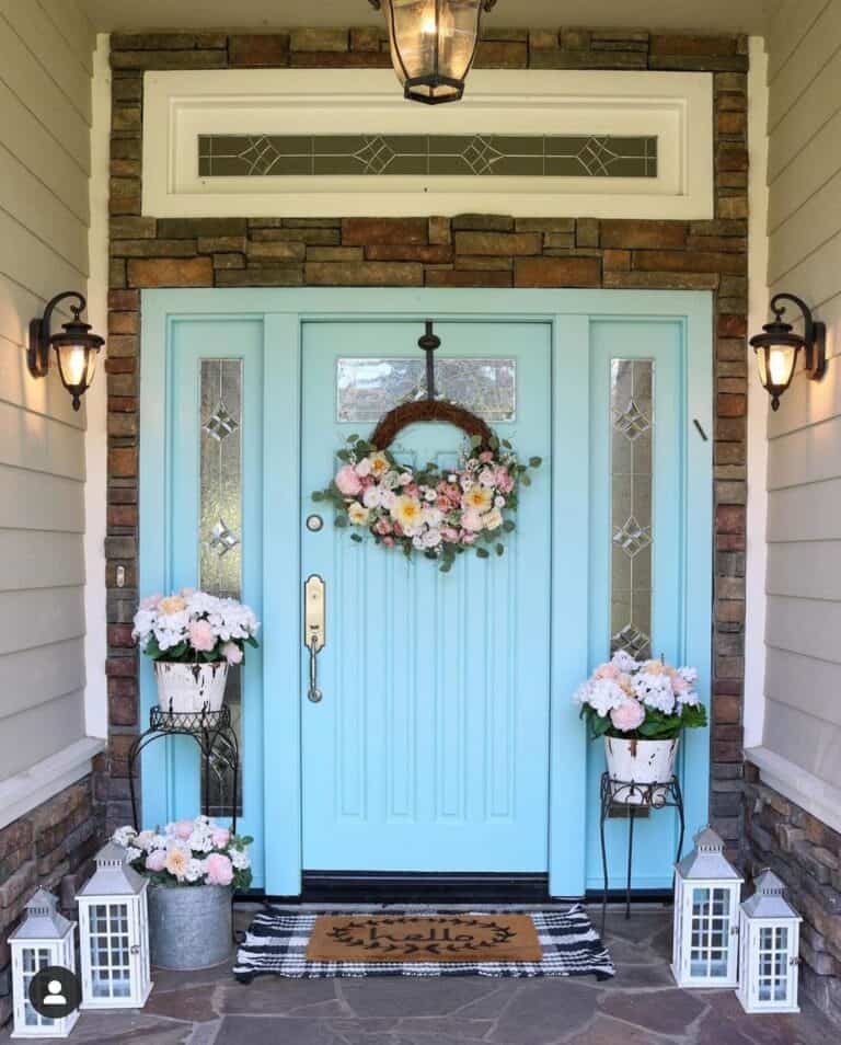 Spring Decor on a Light Blue Front Door