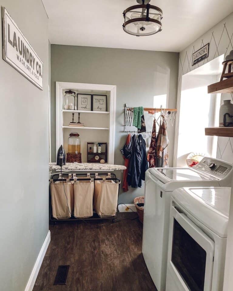 Stained Wood Farmhouse Laundry Room Flooring