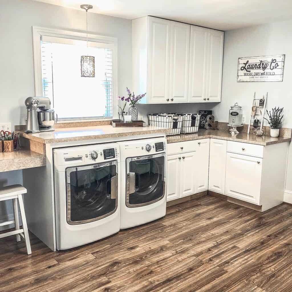 Stained Wood Flooring for Laundry Room