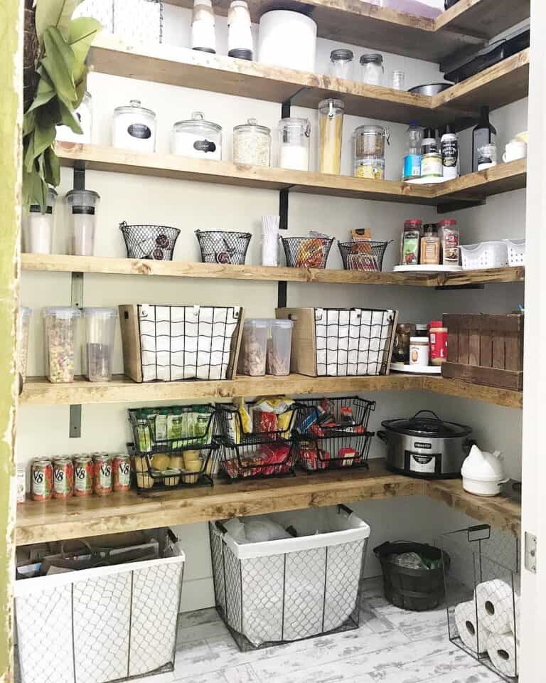Stained Wood Walk In Farmhouse Pantry Shelves