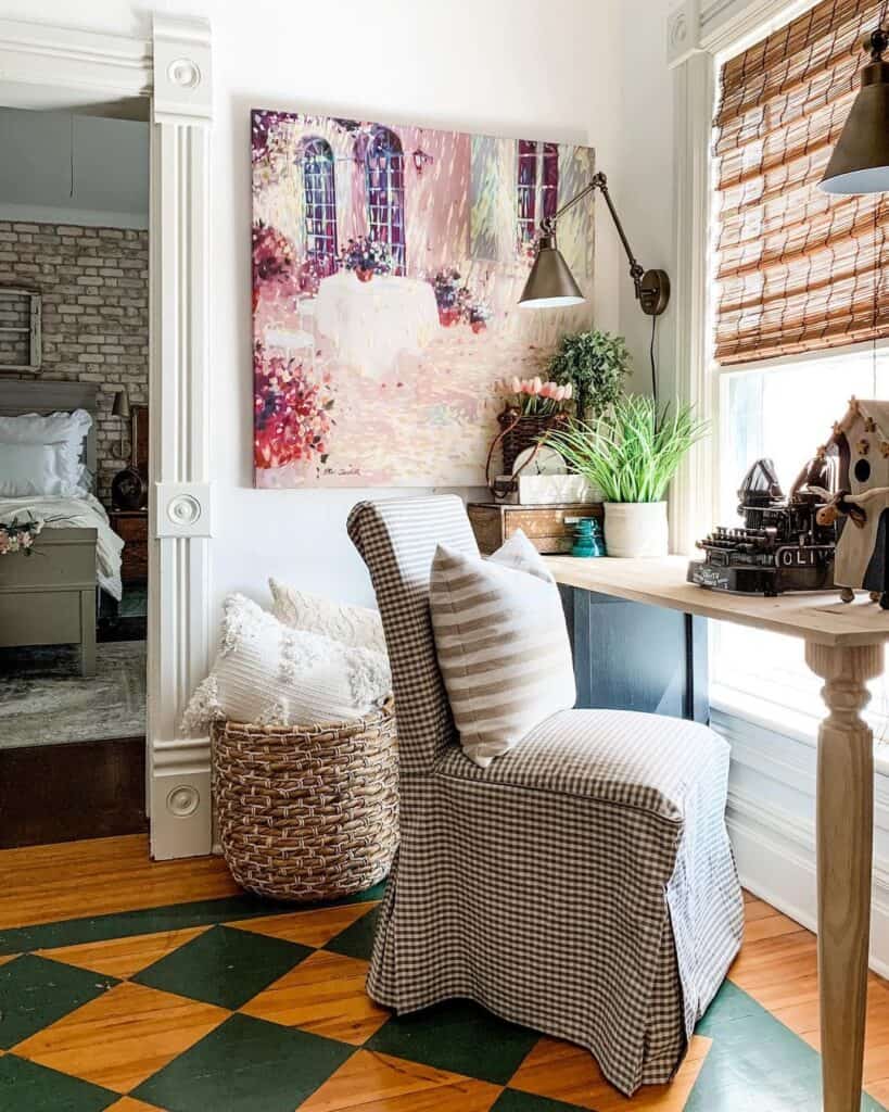 Stained Wood and Green Checkered Floor