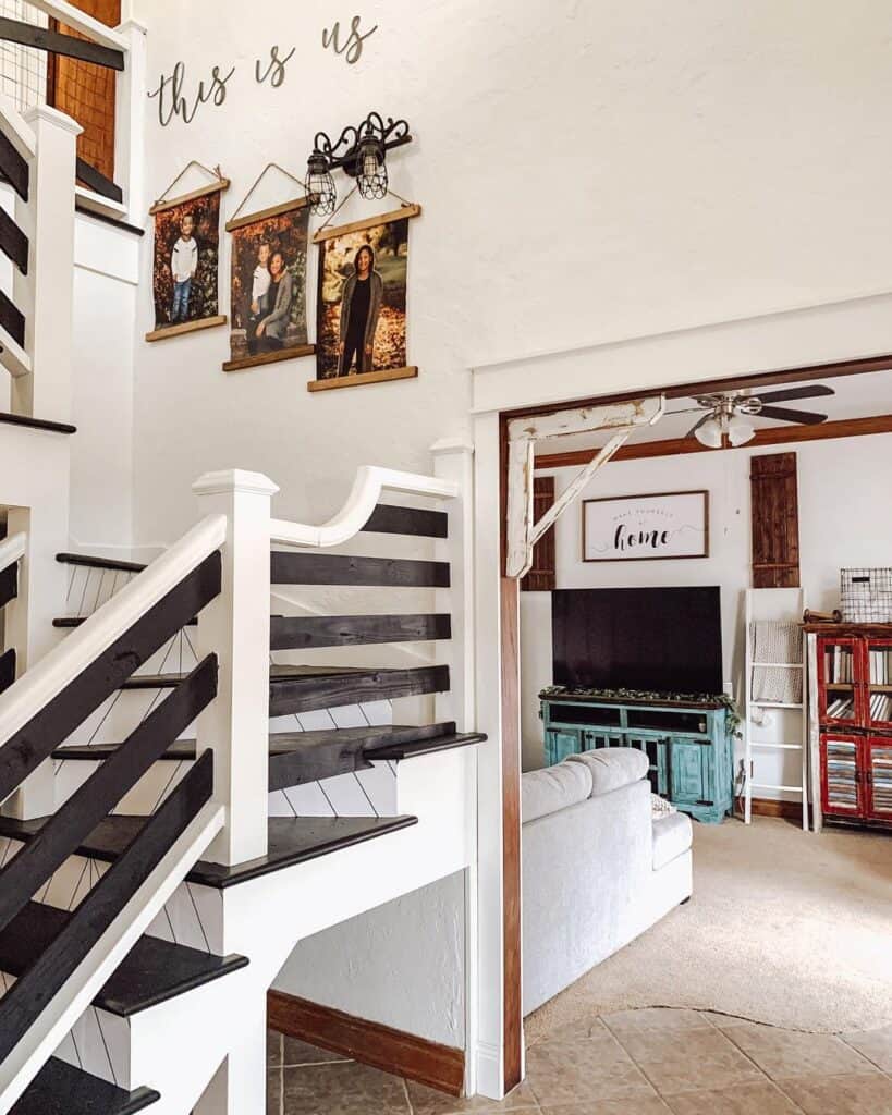Staircase with Black Treads and White Risers
