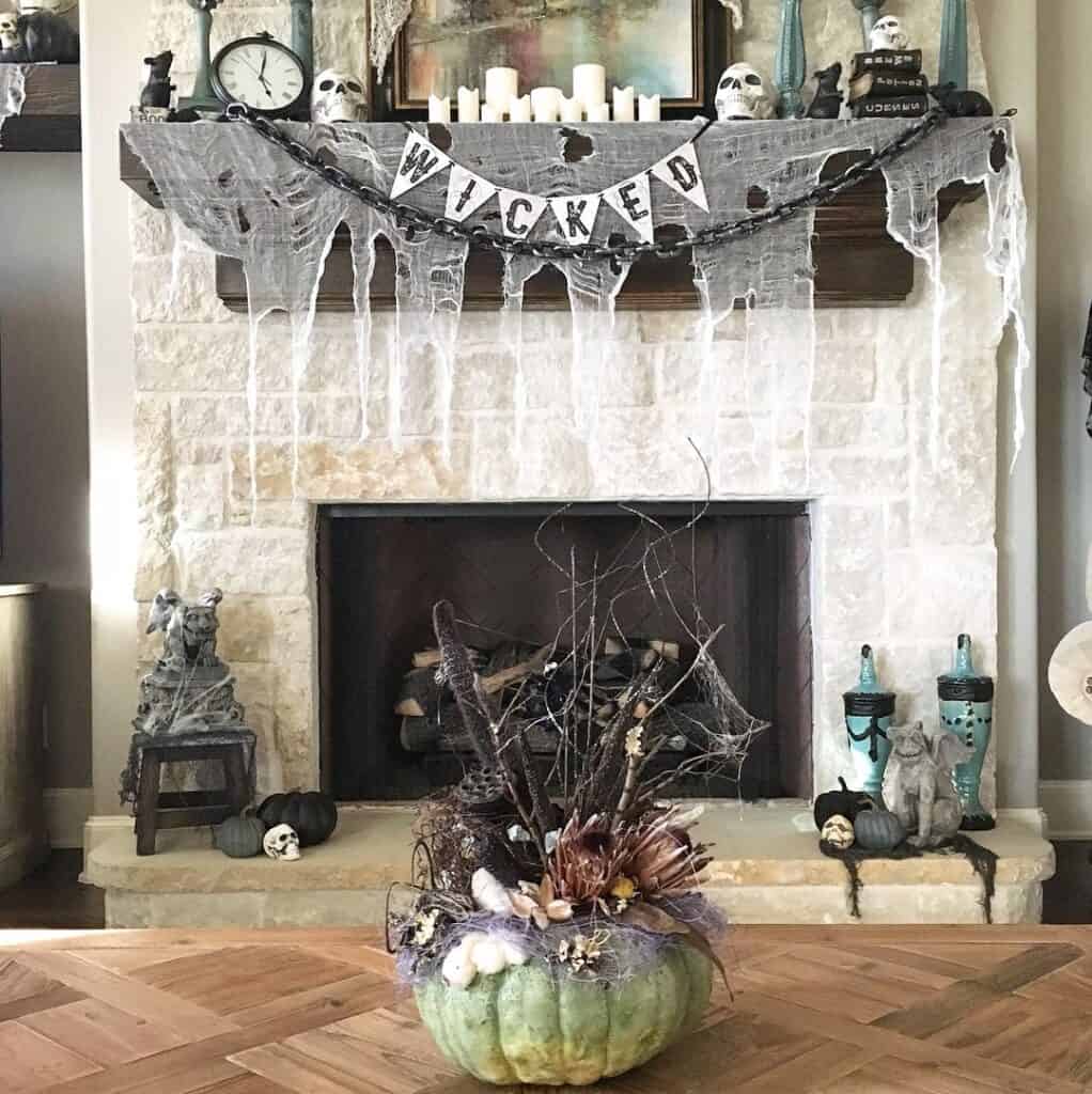 Stone Fireplace with Tattered White Netting