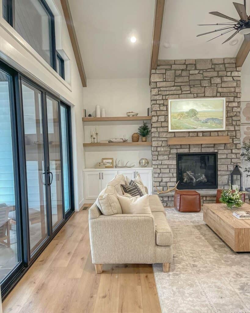 Stone Fireplace with Wood Floating Shelves