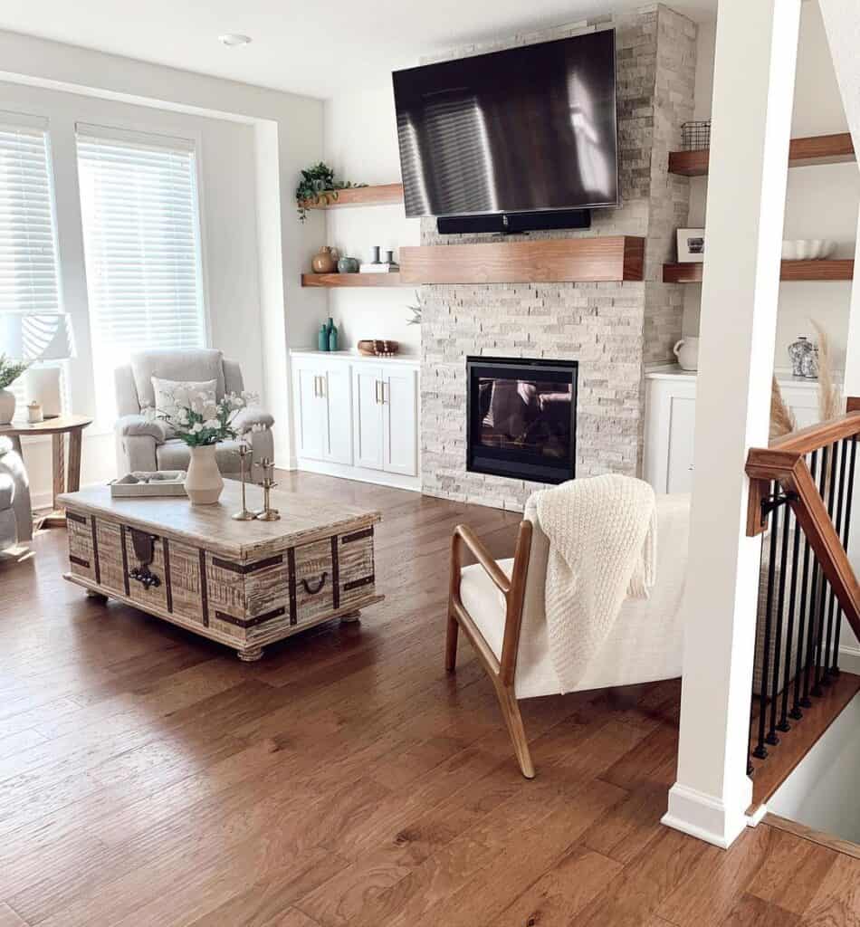 Stone Tile Fireplace with Floating Shelves